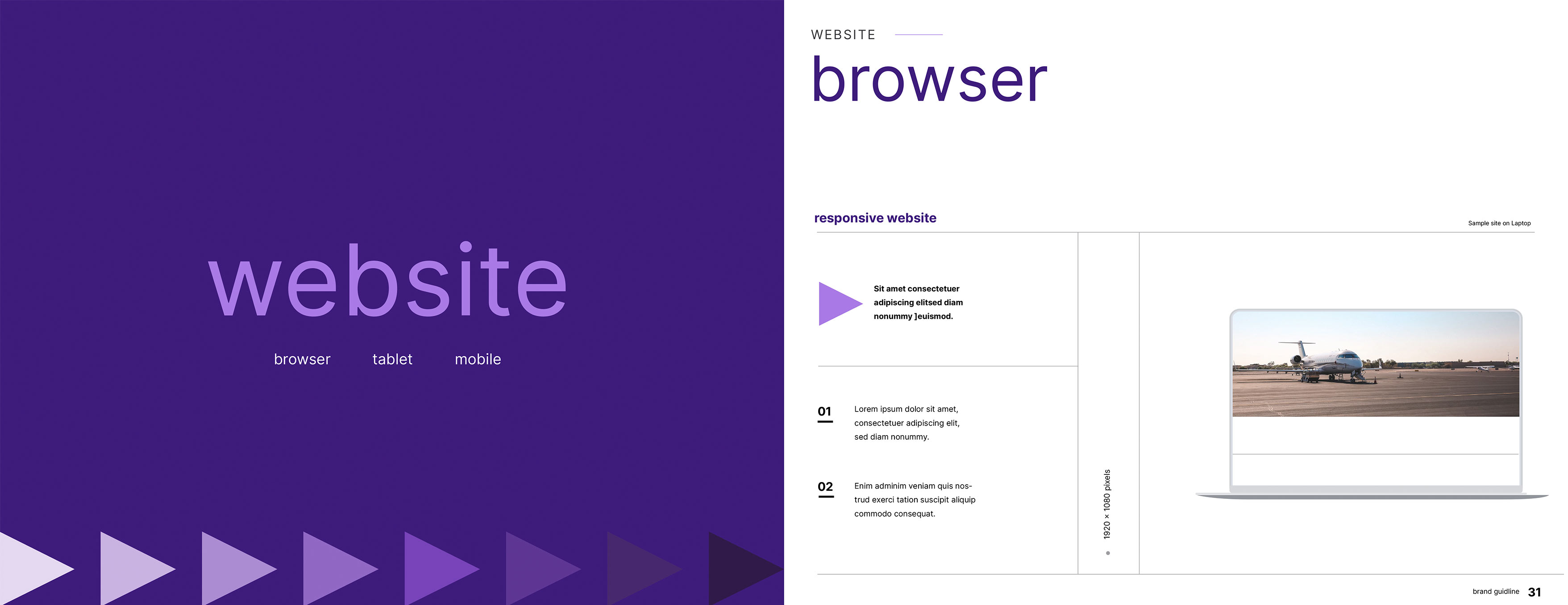 Set Jet brand guidelines showcasing responsive website standards, including browser, tablet, and mobile layouts for a consistent digital experience.